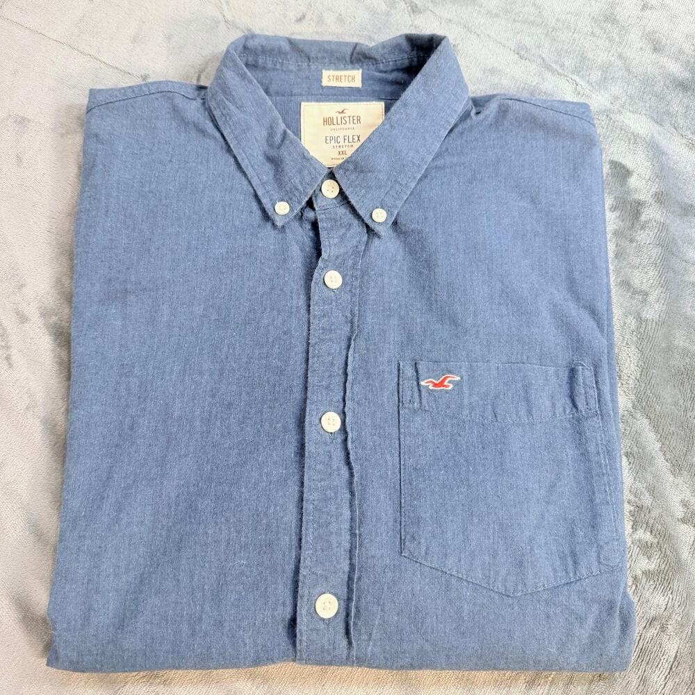 Hollister Epic Flex Stretch Sz 2XL Blue Long Sleeve Button Up Camp Preppy Y2K